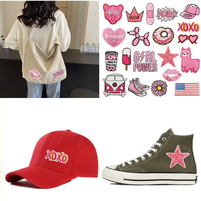 Cartoon Pink Series Shoes Bus Coffee Ice Cream Hat Sew Iron On Embroidery Patches Stickers Applique for Clothing Jeans Hat Bags