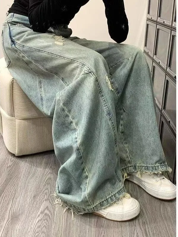 

American High Street Retro Blue Pear Shaped Wide Leg Jeans Women's Autumn plus Size Loose Knife Pants Casual High Waist ...