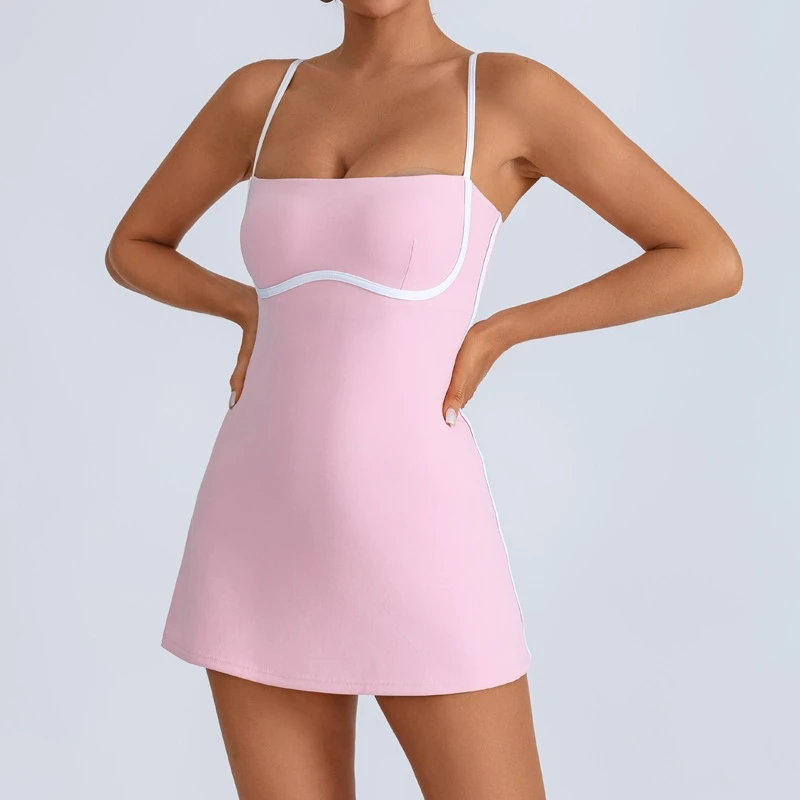Contrast Color Tennis Dress Sleeveless Build in Shorts Gym Mini Sports Dresses Cloud Feeling Workout Fitness Running Golf Dress