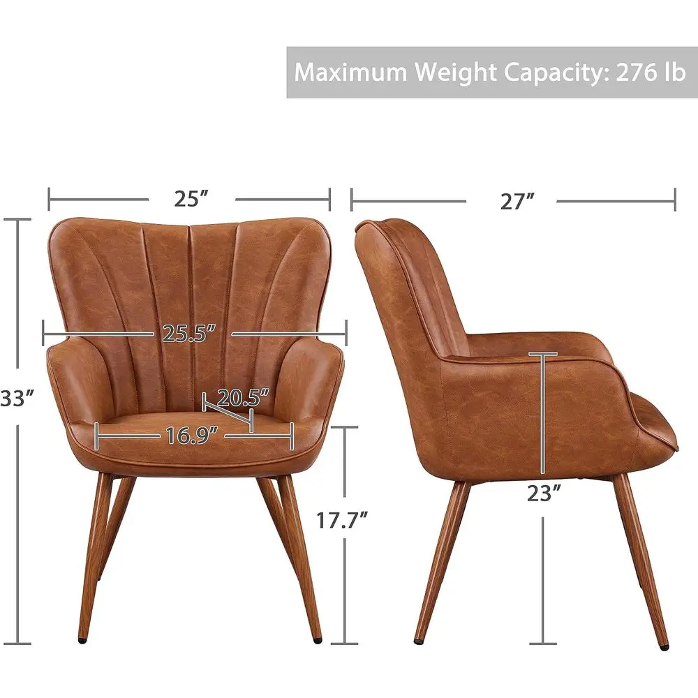 PU Leather Armchair, ern Accent Chair with Metal Legs, Comy Upholstered Barrel Chair or Living Room Bedroom Vanity Room, Brown