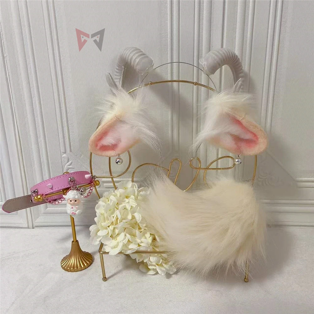 

New Sheep Ears Horns Hairhoop Tail Necklace Earrings Bells Cosplay Carnaval Gothic Lolita Costume Acessories Headwear