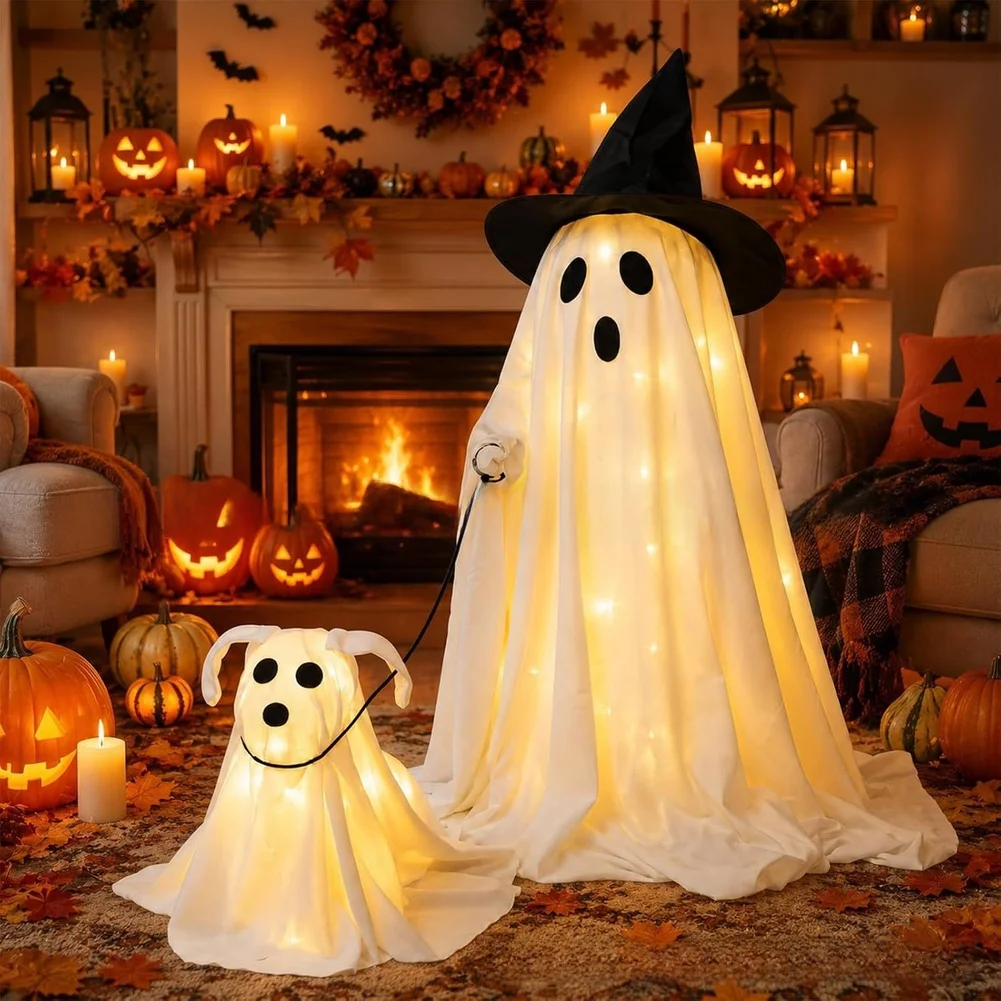 Quick Hassle-free Halloween Ornament Setup Halloween Wizard Figure Witch Walking Dog Set Halloween Decorations