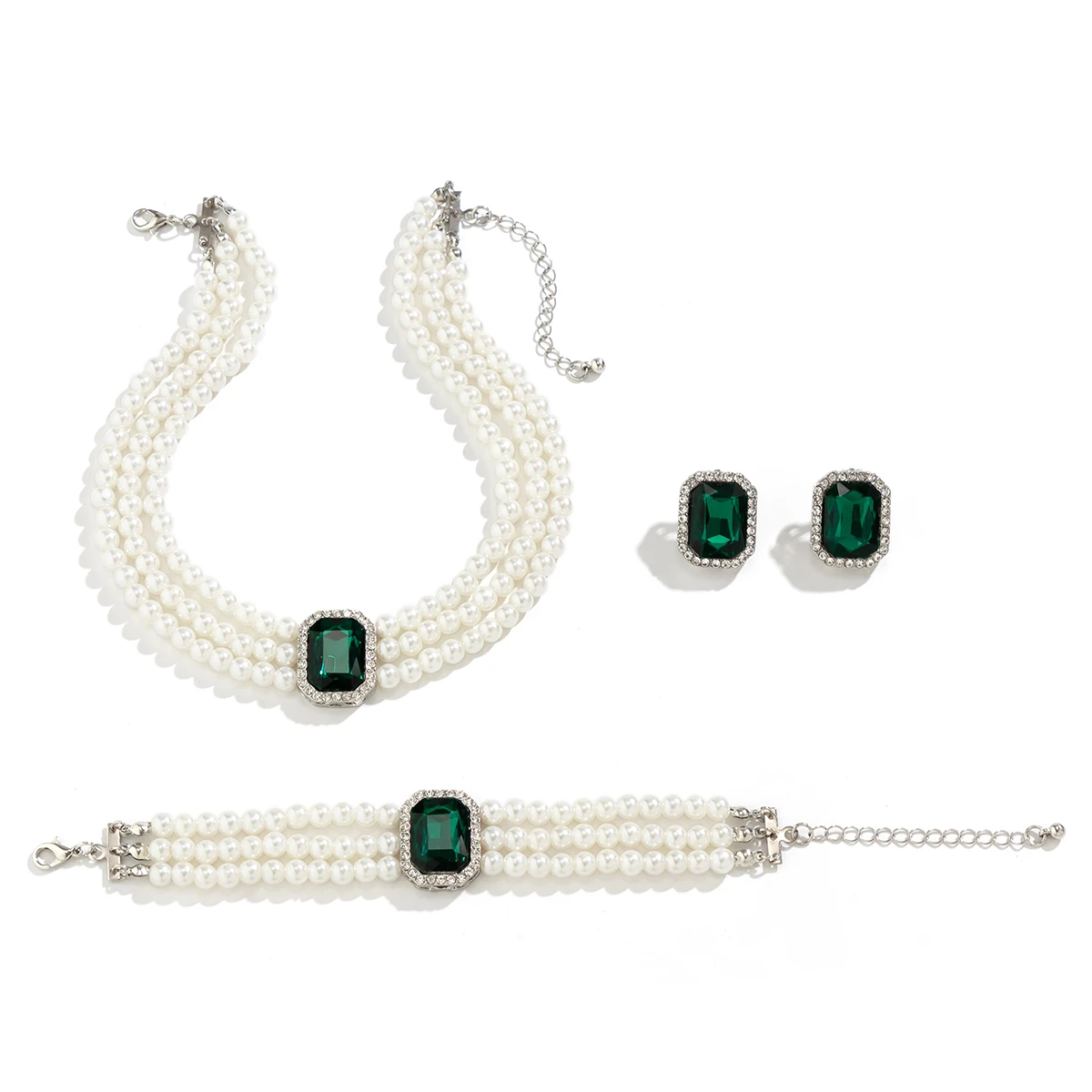 3Pcs Multilayer Imitation Pearl Crystal Chain Necklace Bracelet Women Wedding Bridal Goth Stud Earrings Jewelry Set Accessories