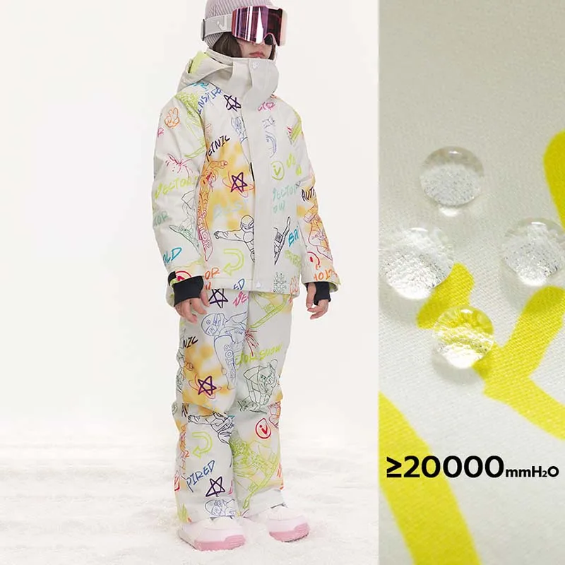 2025 New Winter Warm Girl Print Skiing Suits Windproof Waterproof Outdoor Children Sets Polyester Hooded Zipper Snowboarding Set