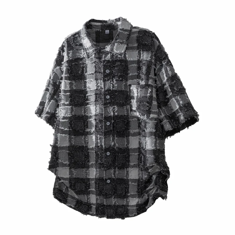 

TFETTERS 2025 New American Style Unisex Short Sleeve Shirt Casual Loose Fit Fringe Checkered Print Couple Matching Luxury Tops