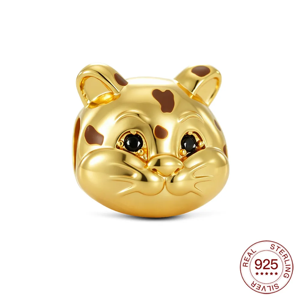 New 925 Sterling Silver Charms Golden Chubby Leopard Head Pendant Jewelry Making For Classic Bracelet Ladies DIY Gifts