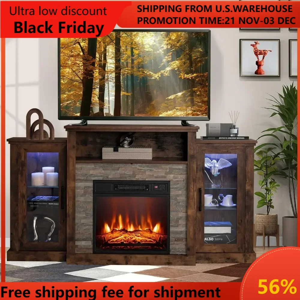 Electric Fireplace TV Stand BC-0111-US, 59’’ x 13’’ x 32.5’’ (L  W  H), Brown tv stand living room furniture modern tv stands