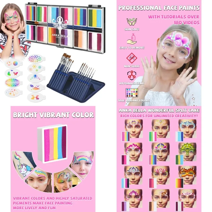 

Professional Face Painting Kit for 12X10gm Water Activated Rainbow Cake Face Paint with Stencil and Brushes Hypoallergenic and