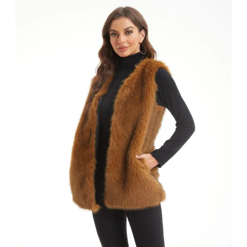 Faux Fur Vest Women's Coat European and American Autumn and Winter New Fox Fur Vest Medium Length Coat Sleeveless Vest