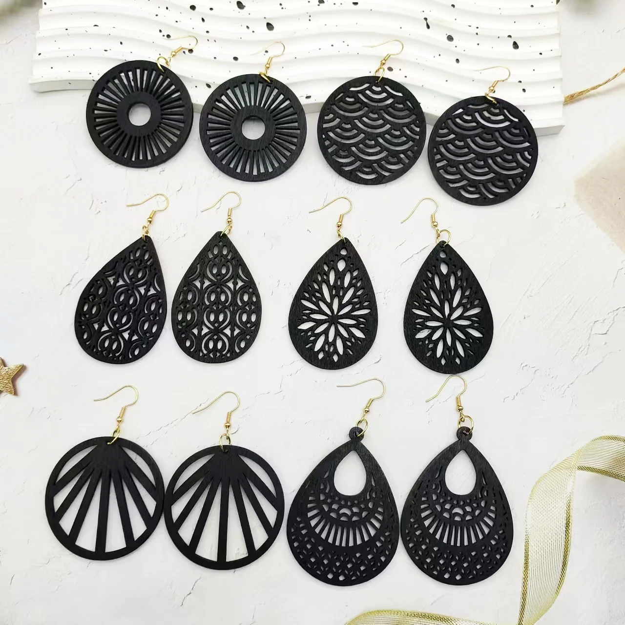 6 Pairs Black Wooden Earrings Geometric Pattern fashion Personality Design Vintage Boho