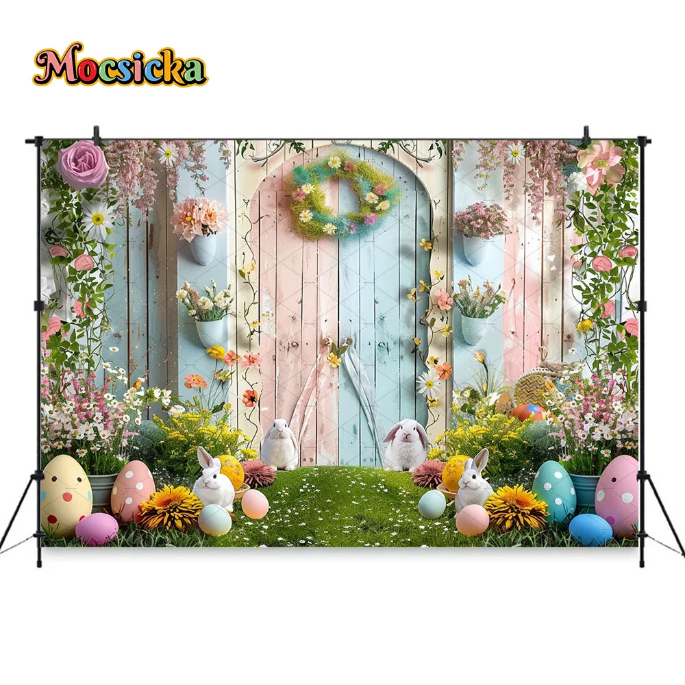 Mocsicka عيد الفصح حديقة باب خشبي خلفية الربيع التصوير الفوتوغرافي الأرنب زهرة البيض خلفية الاطفال كعكة الطفل سحق فوتوزون استوديو