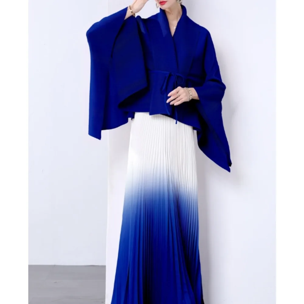 Elegant แขนยาวหลวมเอวสูงจีบกระโปรงชุดราตรี High Street แฟชั่นฤดูใบไม้ร่วงฤดูหนาว Gradient สีชุด