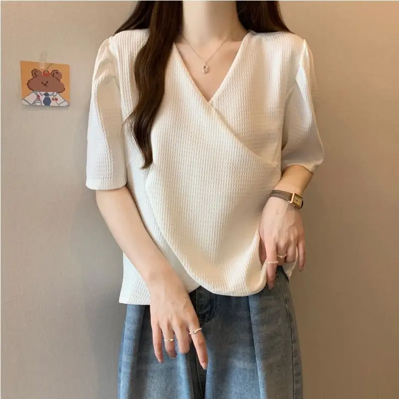

2023 Women's Clothing New Loose Pleated Patchwork Solid Color Pullovers Round Neck Temperament Sweet Summer Thin Casual T-Shirts