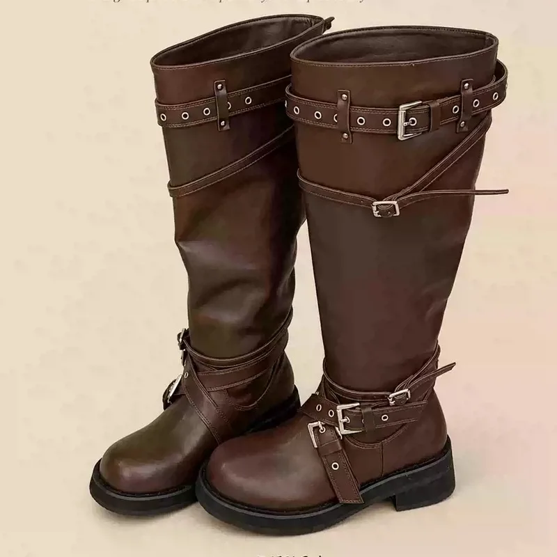 Eilyken Street Design Multi Belt Metal Buckle Knee-High Boots Women Low Heels Shoes Fashion Hot Girl Motorcycle Knight Booties