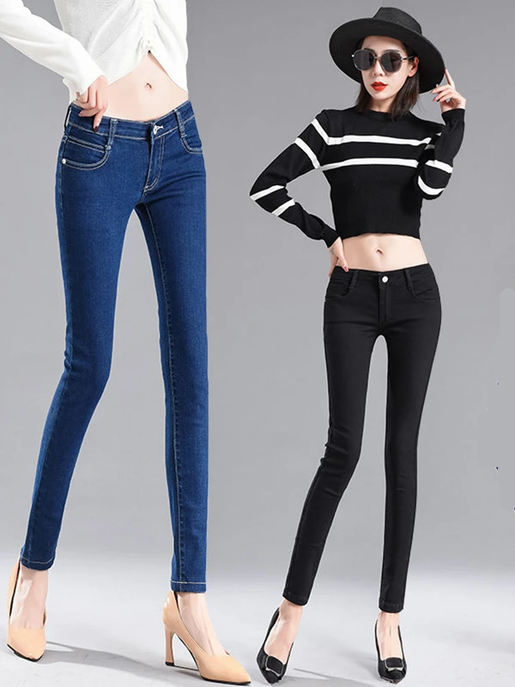 Low Waist Elastic Black Jeans Women's Spring Summer Slimming Long Blue Jeans Autumn New Style Women's Fashion Cotton Stretch ...