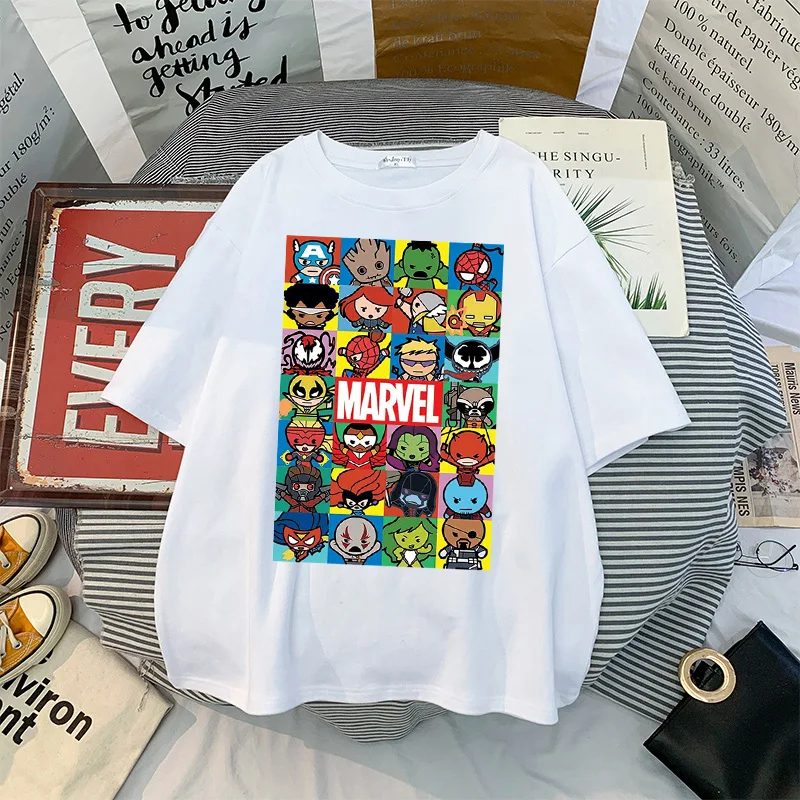 Disney Fashion New Marvel Superhero T-Shirt Summer Women\'s Cartoon Short Sleeve Streetwear Y2k Top Funny Women\'s T-Shirt