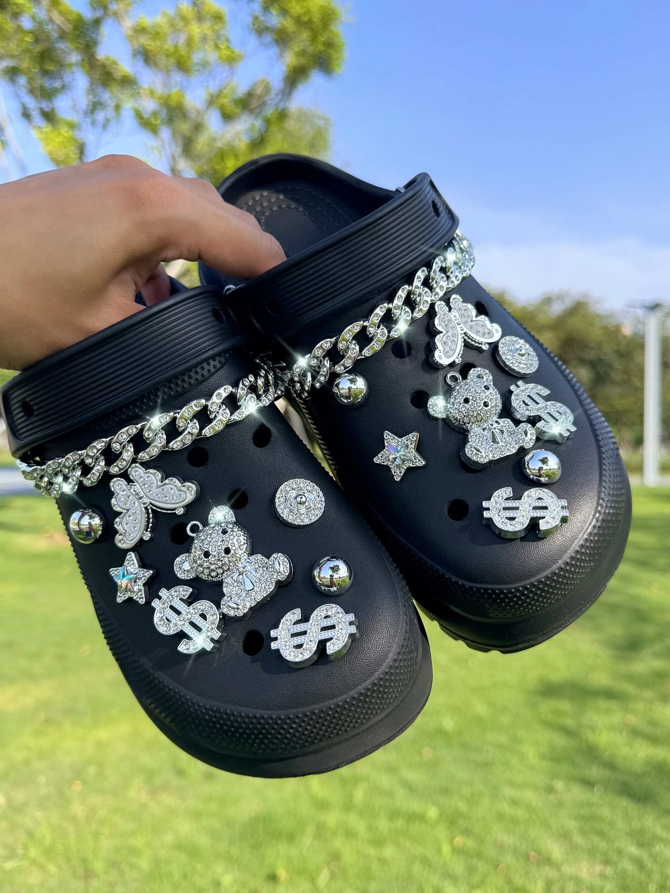 

18-милые серебряные пряжки для обуви-бабочки в виде медведя со стразами в долларах США, декоративные пряжки «сделай сам», подходят для сандалий и пляжных сумок