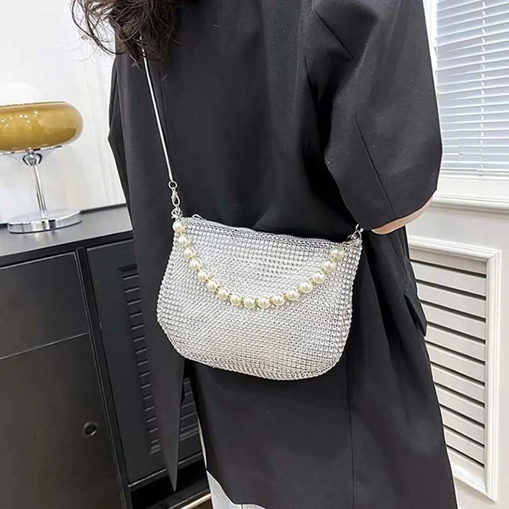 Crystal Shoulder Bag Rhinestone Pearl Handle Handbag Large Capacity Evening Clutch Underarm Bag Shopping Bag