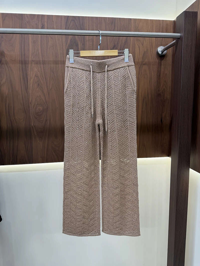 Women Chevron Hollow Knit Two-Piece Cardigan & Wide Leg Trousers Set view 4