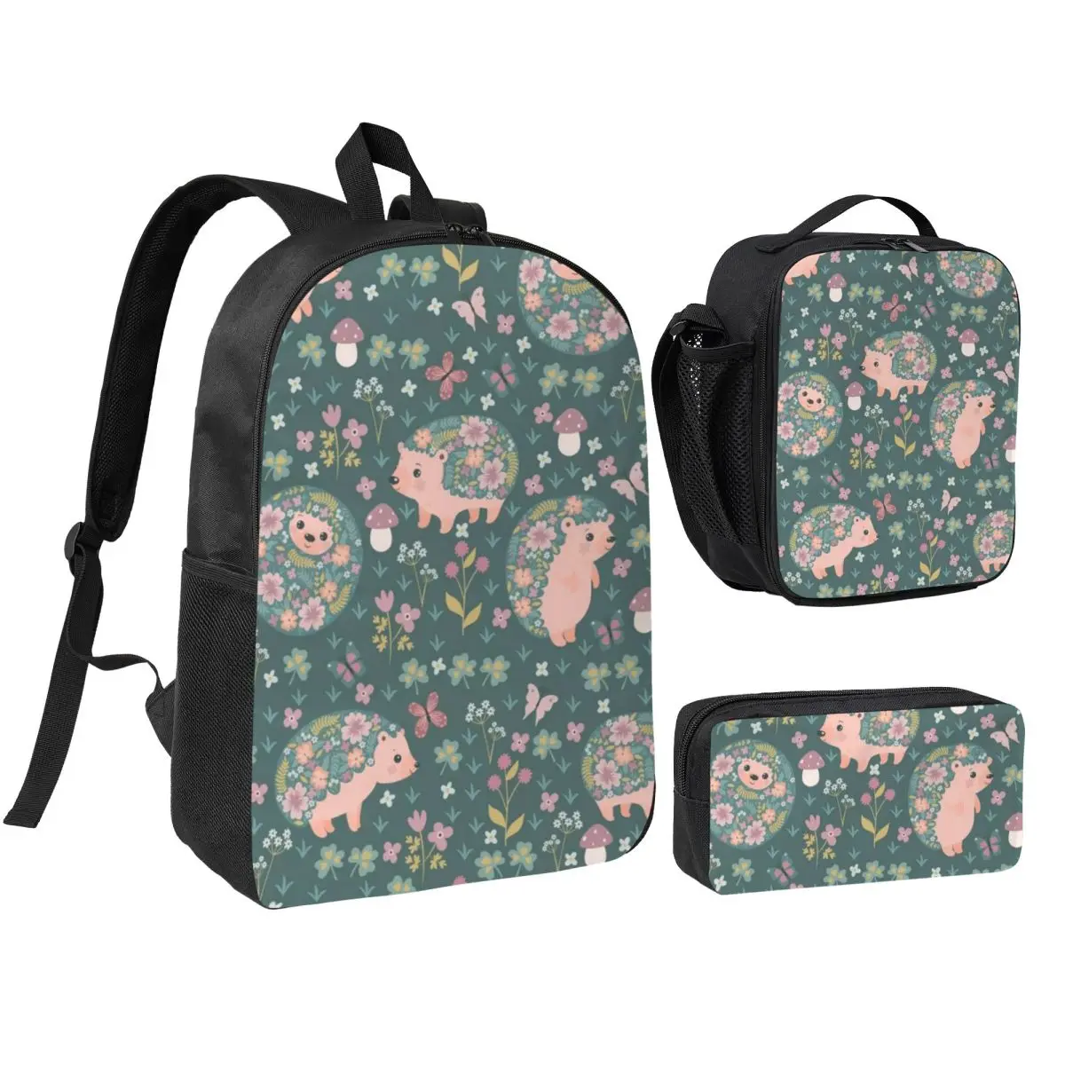 Hedgehog And Floral Pattern Backpack Student BookBag School Bag Shoulder Bags 3ps Insulated Lunch Bag Pencil Case