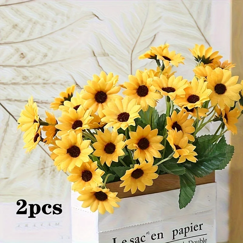 1 Bund, 24 Sonnenblumen-Simulationsblumen, Wohnzimmer-Dekorationsblumen, Party-Hochzeits-Dekorationsstrauß – Detail 4