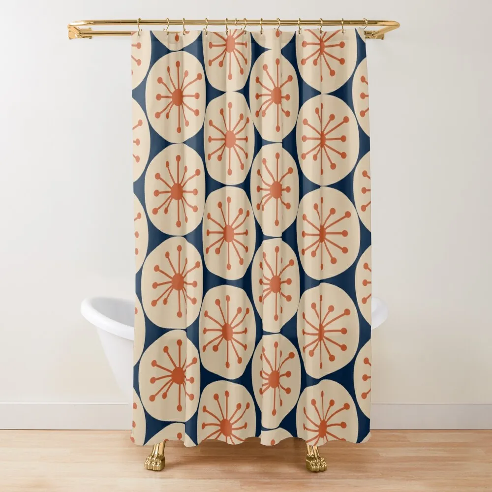 

Atomic Retro Dots Midcentury Modern Pattern in Mid Mod Burnt Orange, Beige, and Navy Blue Shower Curtain