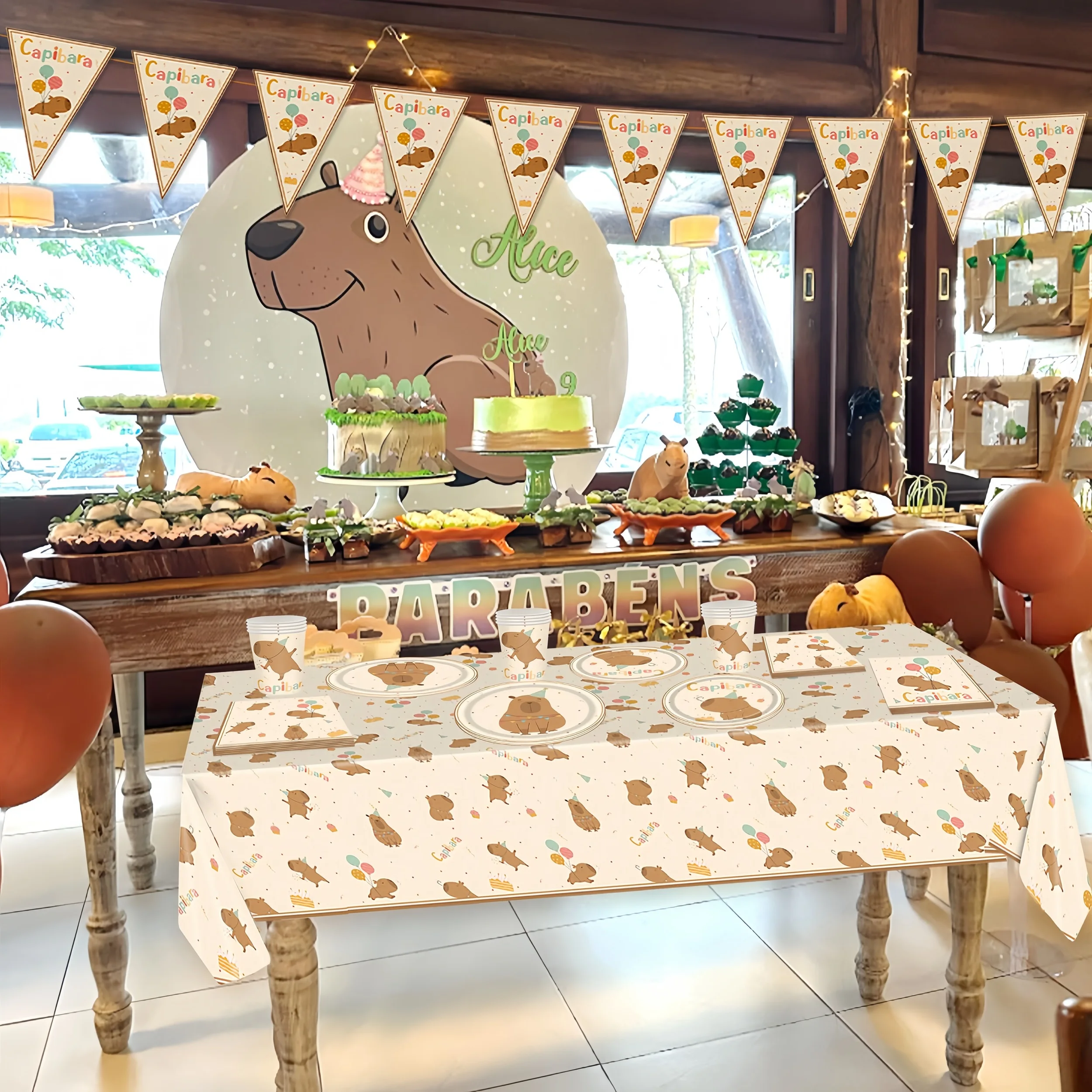 Cartoon Capybara Thema Geschirr Set Kinder Geburtstag Party Tasche Kuchen Topper Tischdecke Ballon Dekor Mädchen Gefälligkeiten Tier Supplie – Detail 8