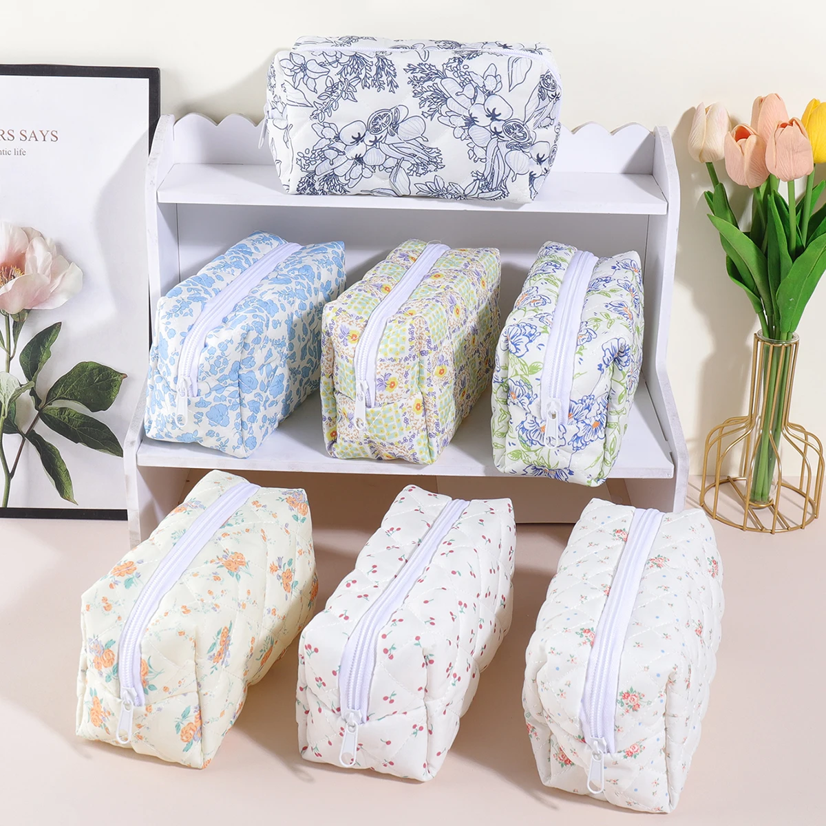 Exquisite Flower Quilted Pencil Case for Girls,Small Cosmetic Bag  Zipper,Travel Organizer Pouch for School Supplies & Makeup