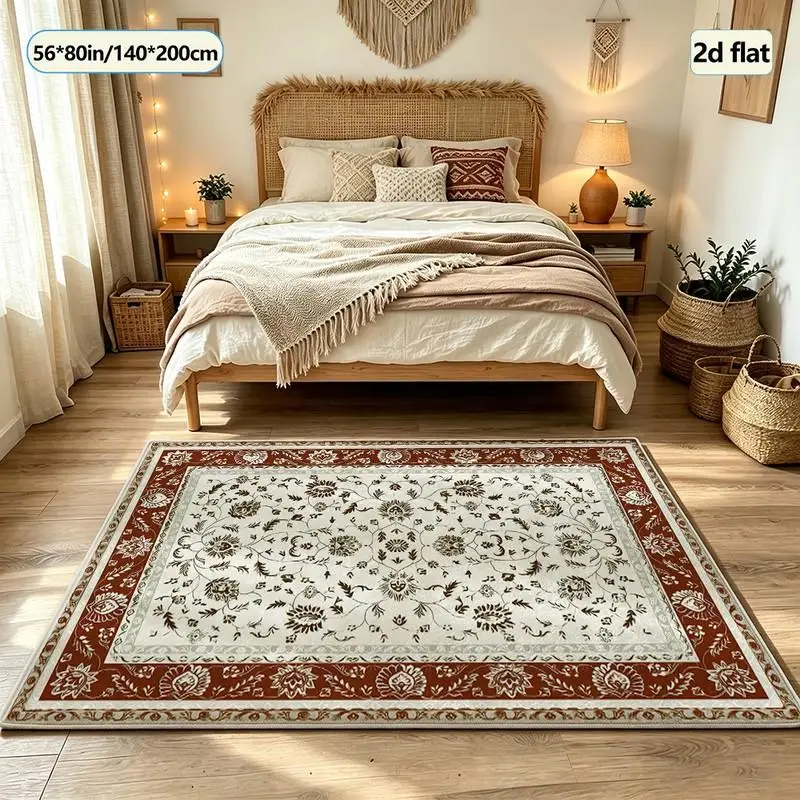 Bohemian Style Floral Pattern Carpet, Soft Square Carpet, Non-Slip Floor Mat Suitable for Indoor Home Decoration