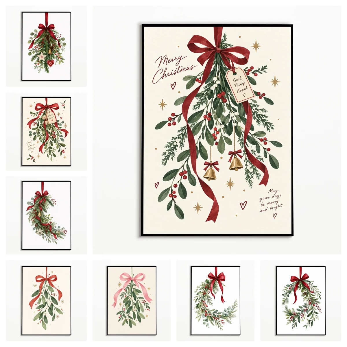 1PC,Watercolor Wall Art Christmas Mistletoe Bow Bell Posters Winter Canvas Painting Cozy Room Wall Decor Gallery Wall Prints