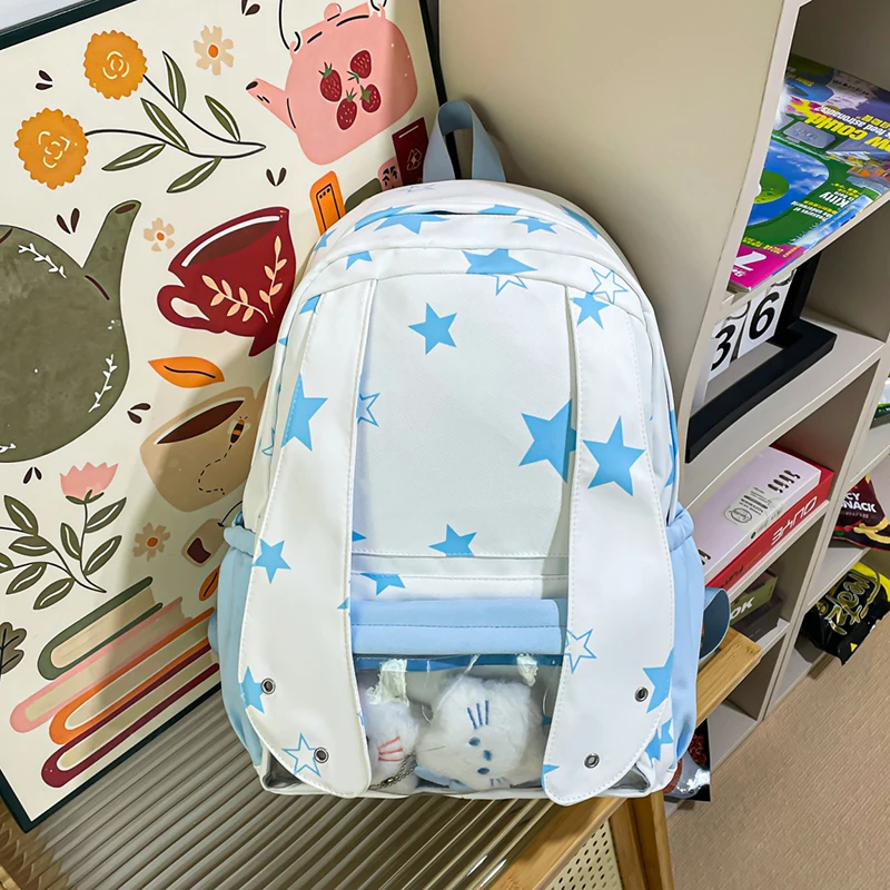 

Women's Star Pattern Oxford Cloth Backpack Clear Display Pocket Design Multi-Compartment Cute Daily School Shoulder Bag 2026