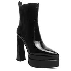 Women's autumn new pointed double-layer waterproof platform special-shaped thick heel patent leather side zipper short boots