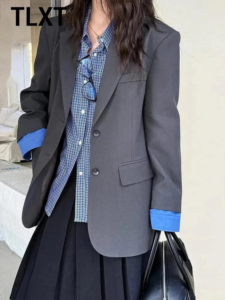 

TLXT офисный женский пиджак для женщин, однобортный однобортный пиджак с зубцами и манжетами в стиле пэчворк, высококачественные пальто, новинка 2025 года, XK1298