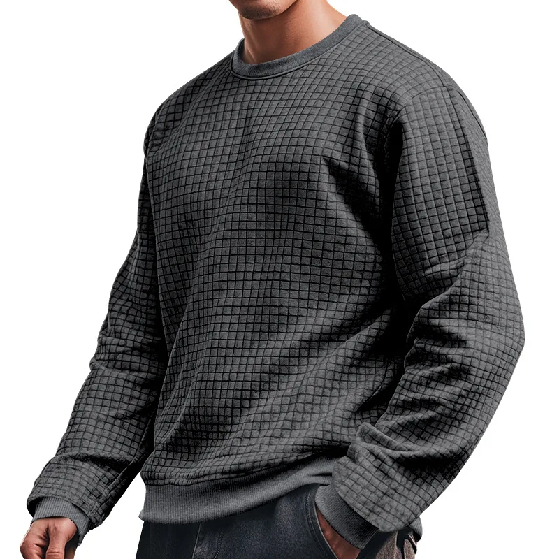 تي شيرت رجالي محبوك بسيط وغير رسمي برقبة دائرية وأكمام طويلة ونمط مربعات صغيرة لخريف وشتاء #2