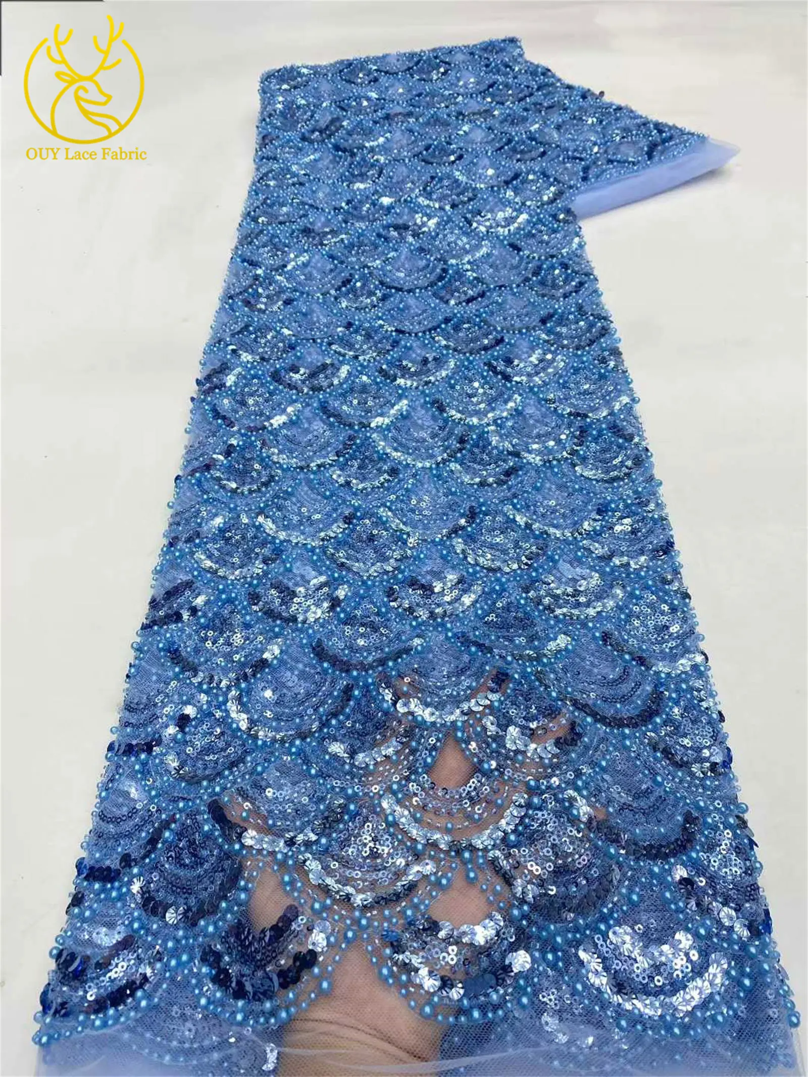 Tiefblauer afrikanischer schwerer Perlen-Spitzenstoff 2026 Hochwertiger nigerianischer Pailletten-Spitzenstoff für Hochzeit, Party, Kleid, 5 Yards – Detail 6