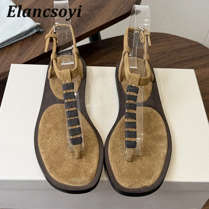 Summer Sandals Women's Suede Metal String Bead T-strap Split Toe Sandalias Outdoor Flip-flops Fashion Flat Sole Rome Shoes 2026