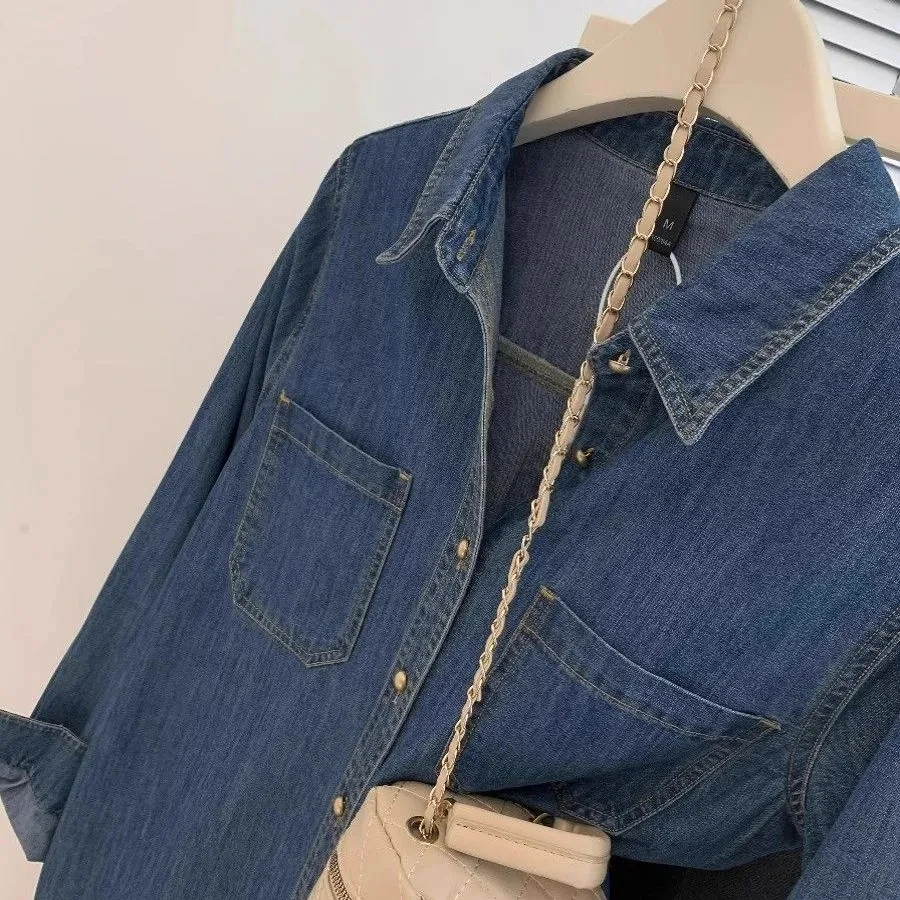 الرجعية الأزرق قميص دينيم سترة المرأة ربيع الخريف جديد الدنيم معطف بلوزة 2025 المرأة فضفاض الجينز قميص معطف طويل الدنيم للنساء