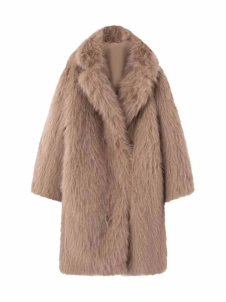 HH Woman Fashion Versatile Warm Long Sleeves Lapel Artificial Imitation Fur Plush Winter Coat Female Casual Comfortable Overcoat