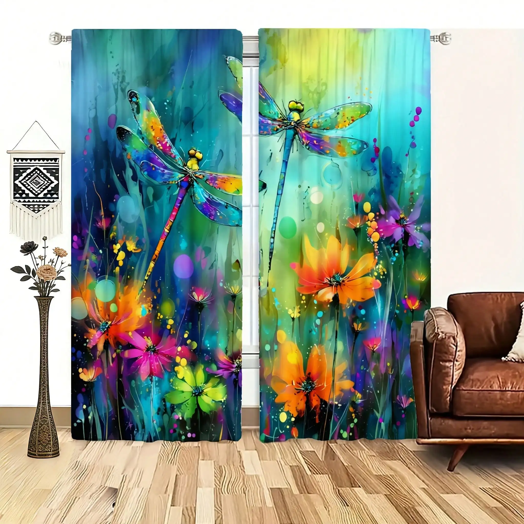 2pcs Modern Semi-Sheer Rod Pocket Curtains Suitable For Living Room, Bedroom, Kitchen - Window Panels With Colorful Dragonfly