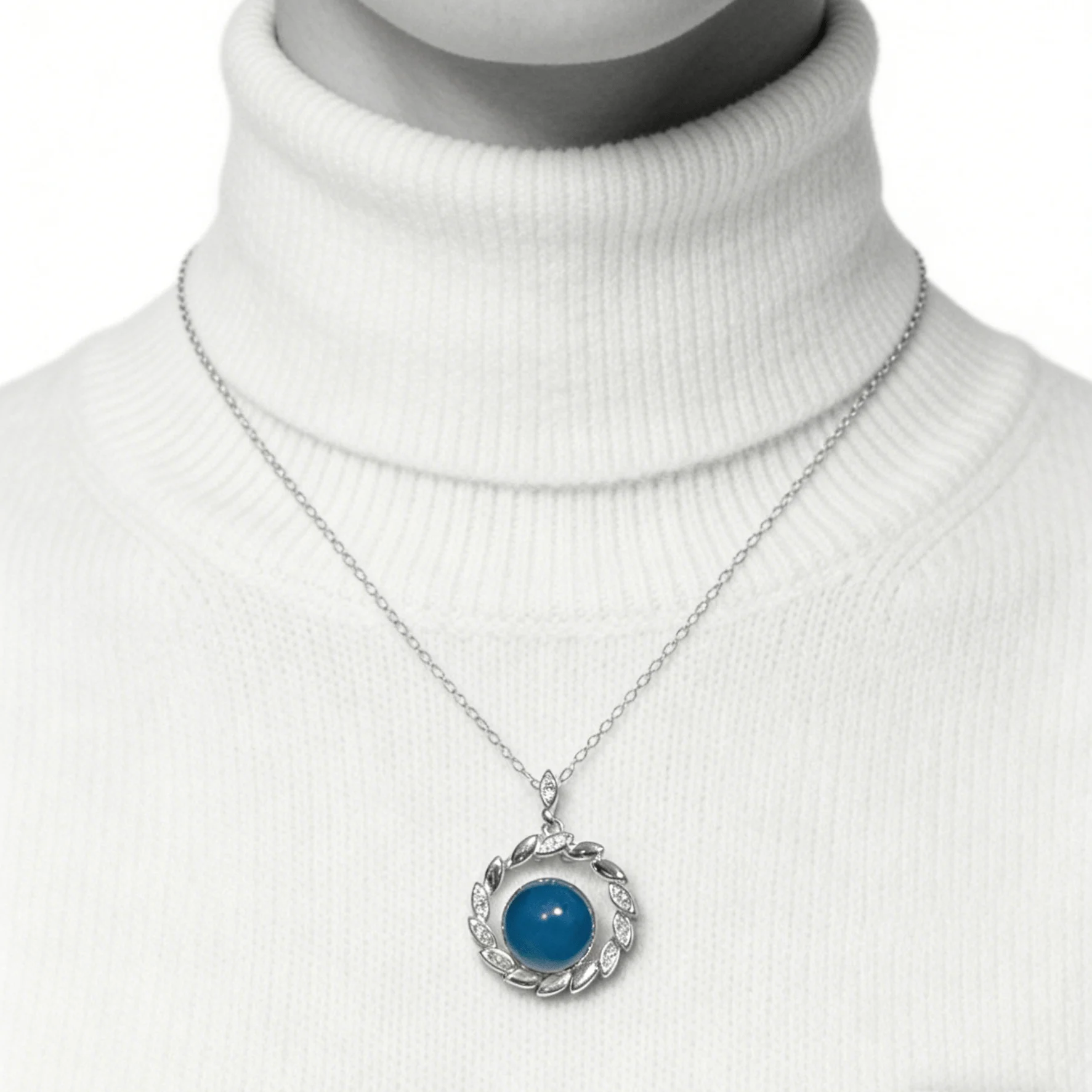 

925 Sterling Silver Natural Blue Amber Pendant 11mm Round Bead Wreath Marquise CZ Necklace for Women