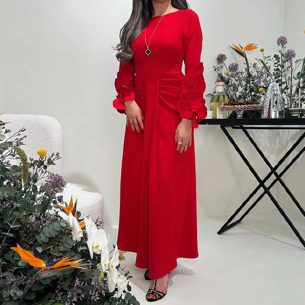 

Customized A-line Evening Dresses Ankle-length Scoop-neck Full Sleeve Prom Gown Fashion Flowers Pleat Simple Draped Party Gown