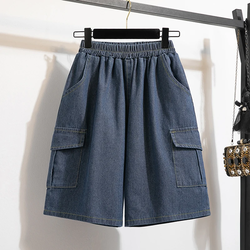 Plus size cintura alta solto ajuste cinco Polegada orts feminino verão fino denim plus size calças de perna larga corte reto calças de algodão