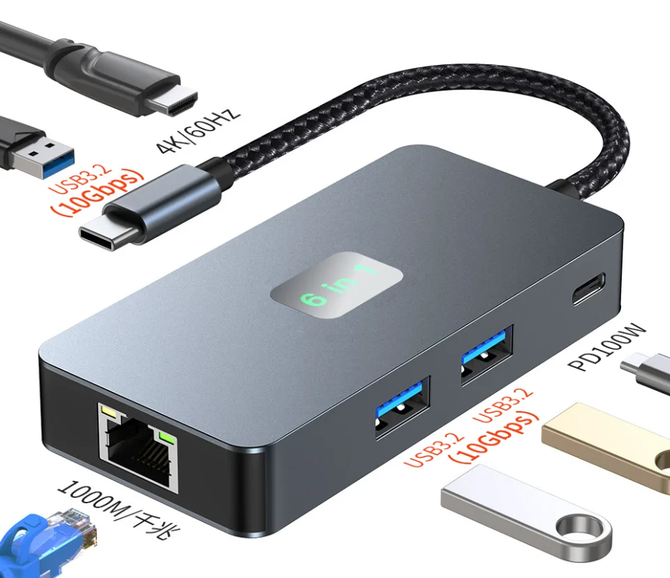 FC&EC 6 in 1 USB C Docking Station 100W Power 2 USB3.0 RJ45 Dual 4K HDMI-Compatible Monitor for MacBook Pro for Dell XPS