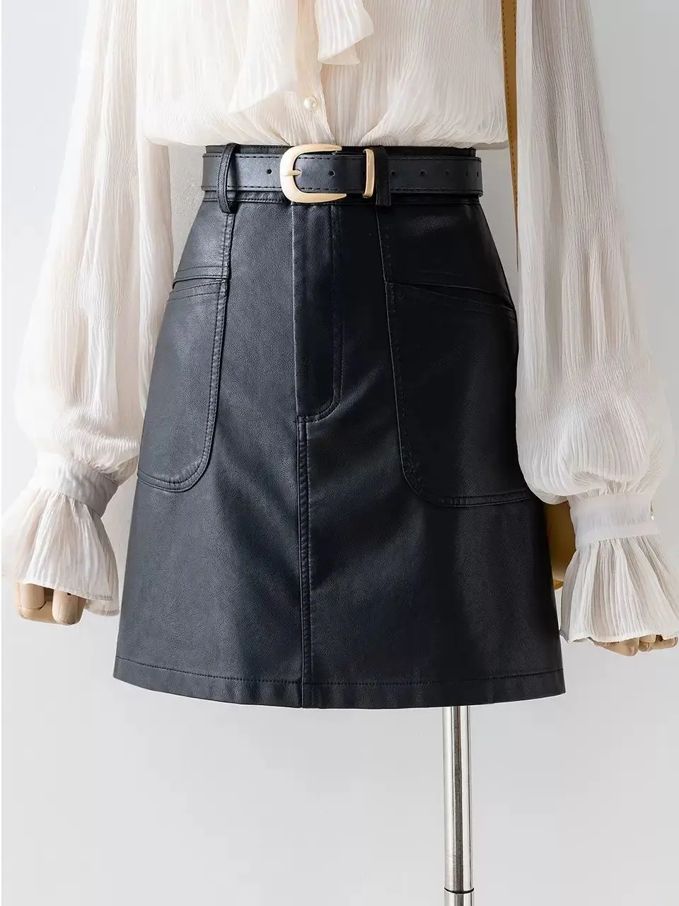 Coffee Color PU Leather Skirt for Women 2023 New High Waist Short Skirt Slim A-line Bag Hip ElegantOffice Lady Mini Skirt