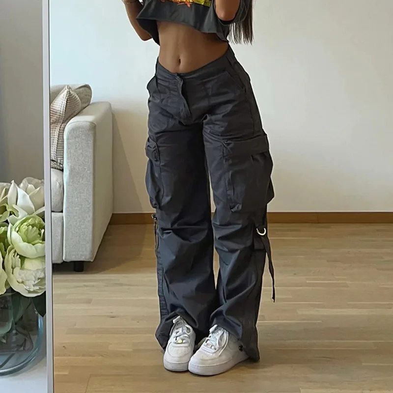 American Hip-Hop Workwear Pants with Large Pockets Trendy High Street Mop Pants Solid Color Loose Fitting Straight Leg Pants