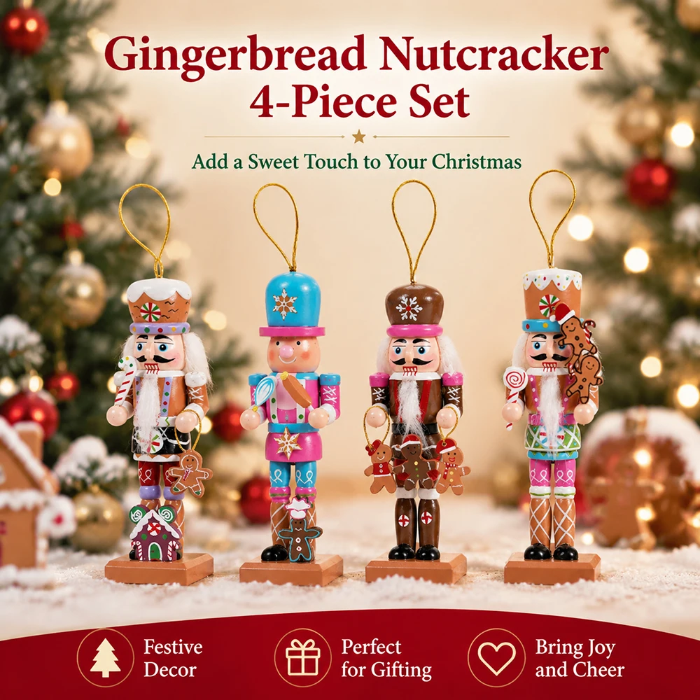 4Pcs Gingerbread Nutcracker Hanging Ornaments Wood Plastic 12cm Gold Wire Pendants For Christmas Tree Home Holiday Decoration