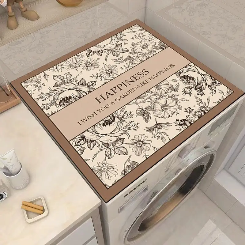 VIKAMA Cream Tan Sketch Bloom HAPPINESS Washing Machine Top Mat Line Art Floral Garden Quote Border Water Resistant Non Slip