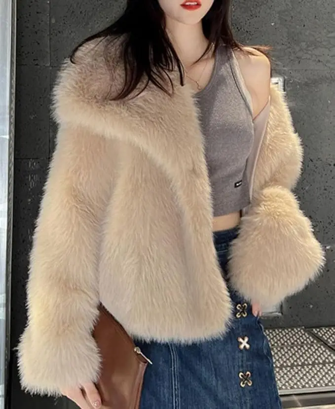 New Shaggy Faux Fur Cropped Coat Women Jackets Turn-down Collar Warm Fluffy Jacket Long Sleeve Faux Fur Coat Winter Outwear Tops