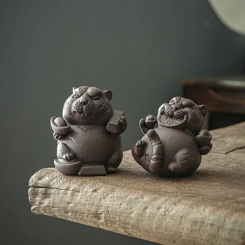Creative Purple Clay Tea Pet Handmade Zodiac Tiger Ornaments Lucky Animal Statue Tea Figurine Decor Chinese Tea Set Crafts
