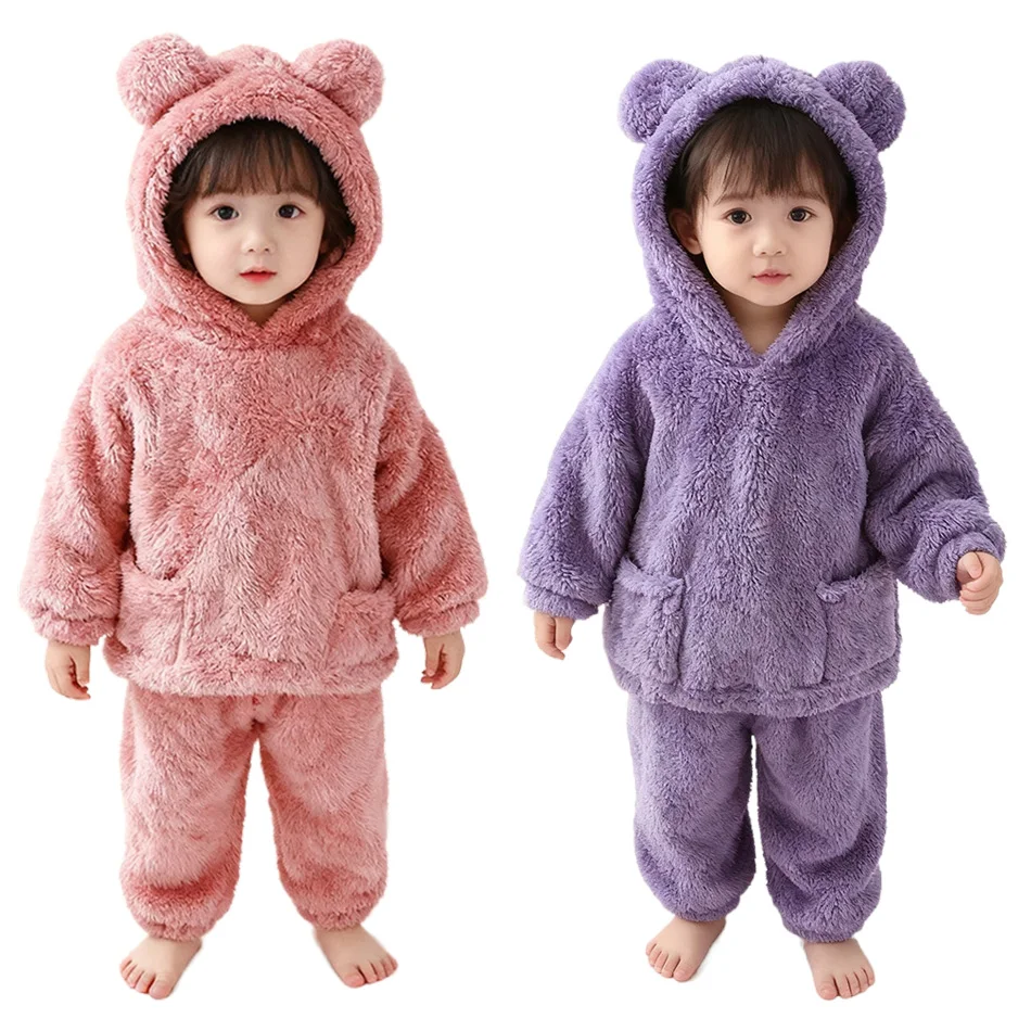 

Kids Flannel Pajamas Set Bear Print Warm Fleece Loungewear for Toddlers And Children 5-Color Home Outfit Baby Winter Sleepwear